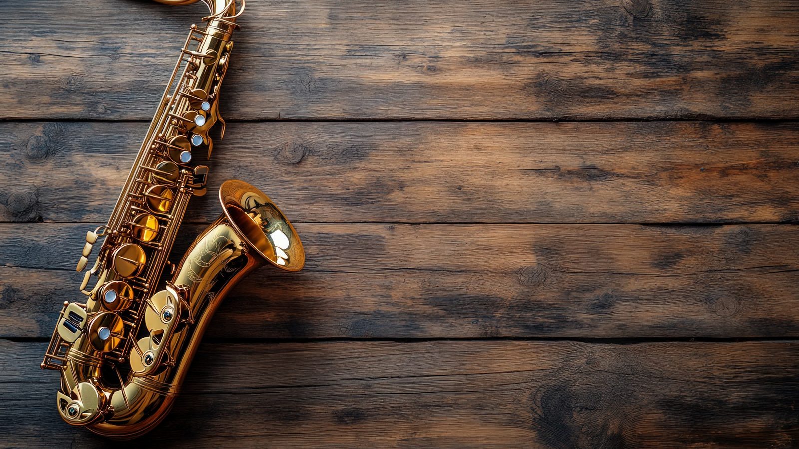 Golden saxophone on rustic wood background